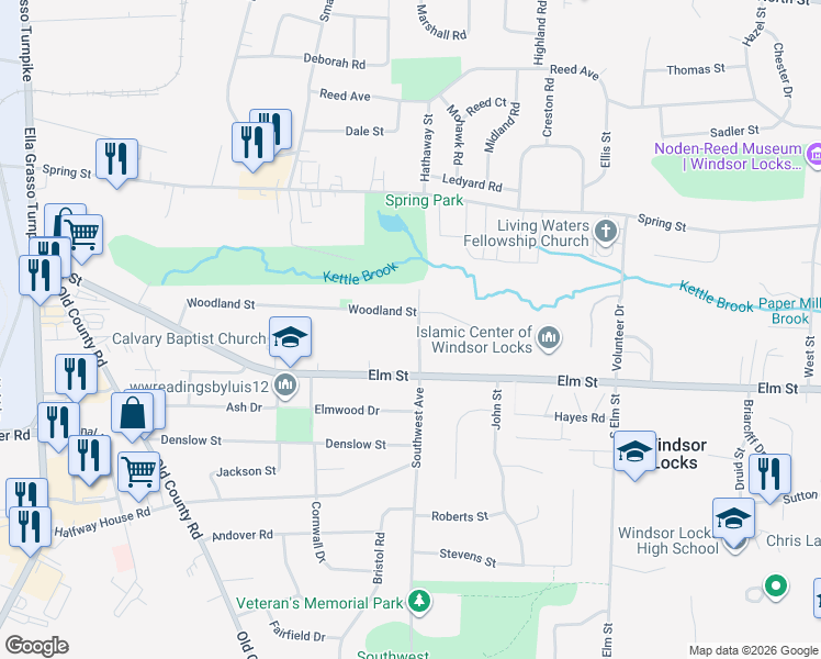 map of restaurants, bars, coffee shops, grocery stores, and more near 397 Woodland Street in Windsor Locks