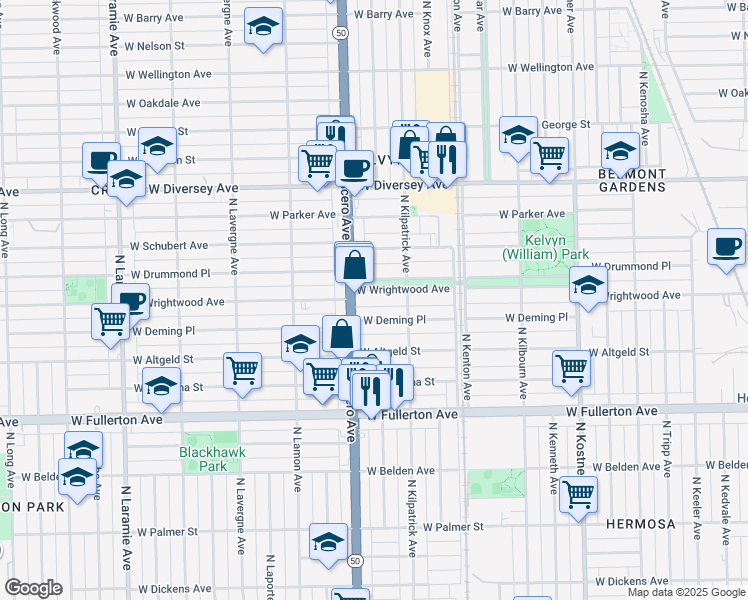 map of restaurants, bars, coffee shops, grocery stores, and more near 4735 West Wrightwood Avenue in Chicago