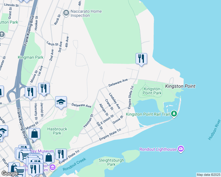 map of restaurants, bars, coffee shops, grocery stores, and more near 70 Lindsley Avenue in Kingston