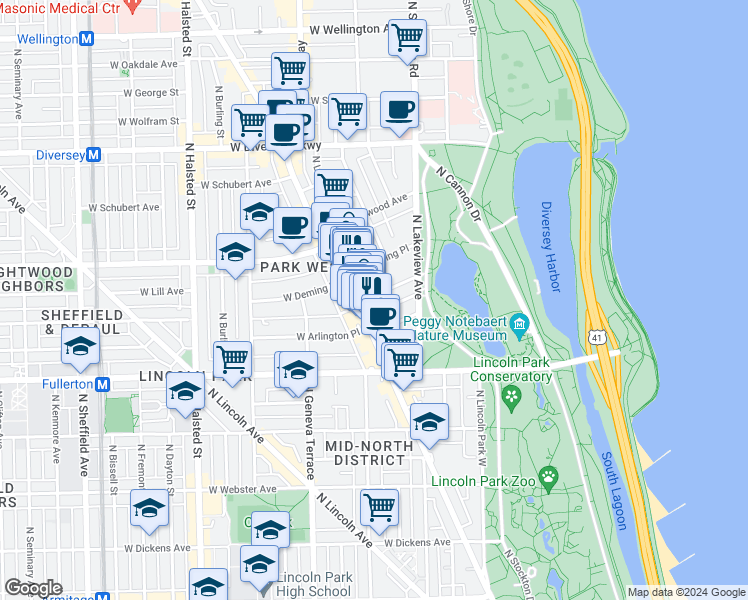 map of restaurants, bars, coffee shops, grocery stores, and more near 439 West Saint James Place in Chicago