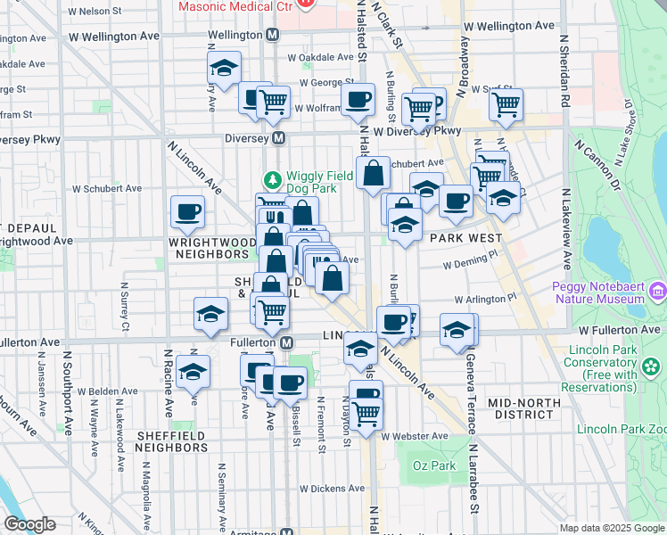 map of restaurants, bars, coffee shops, grocery stores, and more near 855 West Lill Avenue in Chicago
