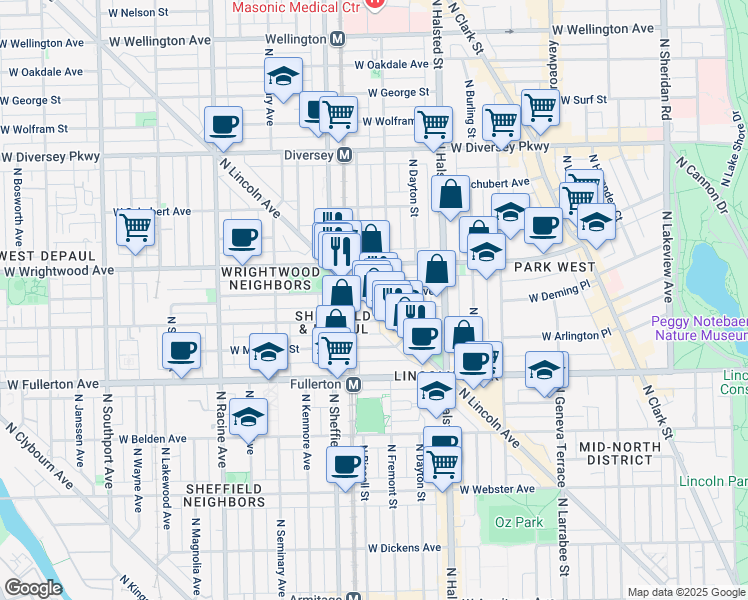 map of restaurants, bars, coffee shops, grocery stores, and more near in Chicago