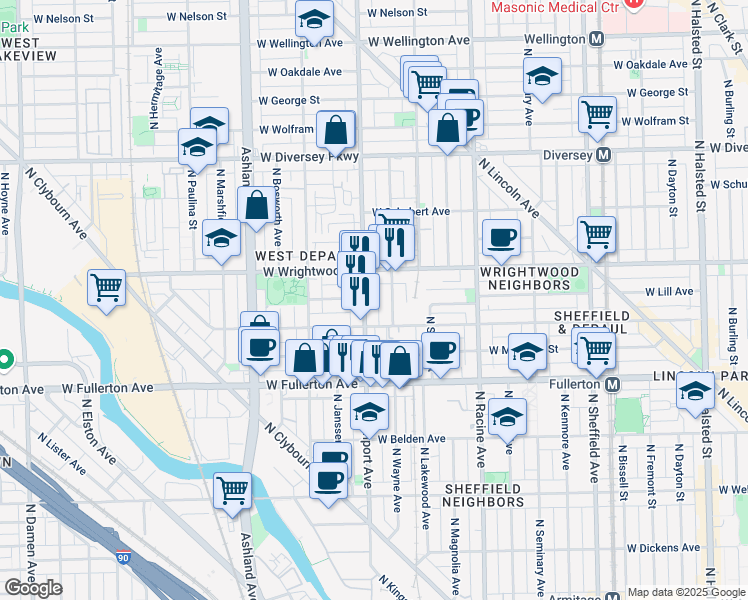 map of restaurants, bars, coffee shops, grocery stores, and more near 2531 North Southport Avenue in Chicago