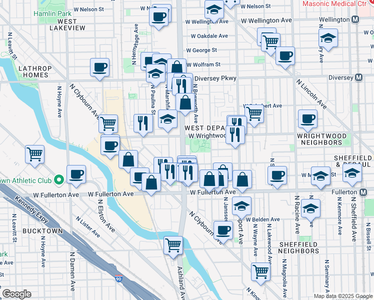 map of restaurants, bars, coffee shops, grocery stores, and more near 2533 North Ashland Avenue in Chicago
