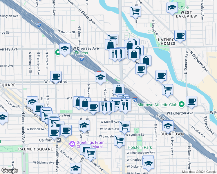 map of restaurants, bars, coffee shops, grocery stores, and more near 2459 West Logan Boulevard in Chicago