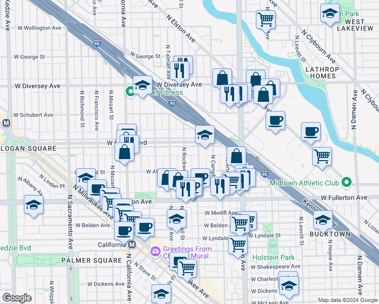 map of restaurants, bars, coffee shops, grocery stores, and more near 2535 West Logan Boulevard in Chicago