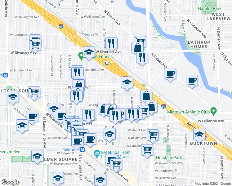 map of restaurants, bars, coffee shops, grocery stores, and more near 2603 West Logan Boulevard in Chicago