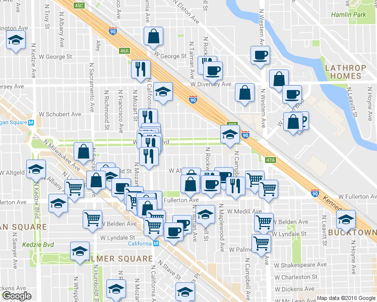 map of restaurants, bars, coffee shops, grocery stores, and more near 2647 West Logan Boulevard in Chicago