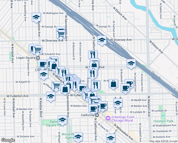 map of restaurants, bars, coffee shops, grocery stores, and more near 2839 West Logan Boulevard in Chicago