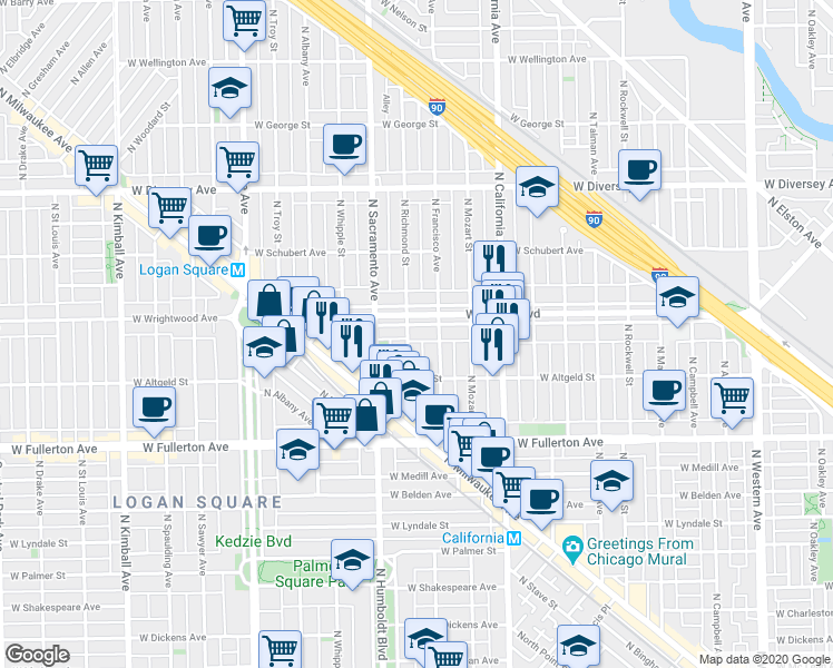 map of restaurants, bars, coffee shops, grocery stores, and more near 2911 West Logan Boulevard in Chicago