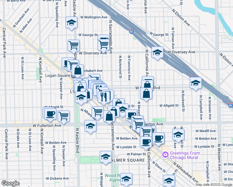 map of restaurants, bars, coffee shops, grocery stores, and more near 2951 West Logan Boulevard in Chicago