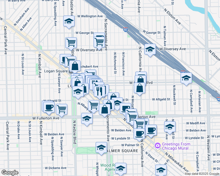 map of restaurants, bars, coffee shops, grocery stores, and more near 2951 West Logan Boulevard in Chicago