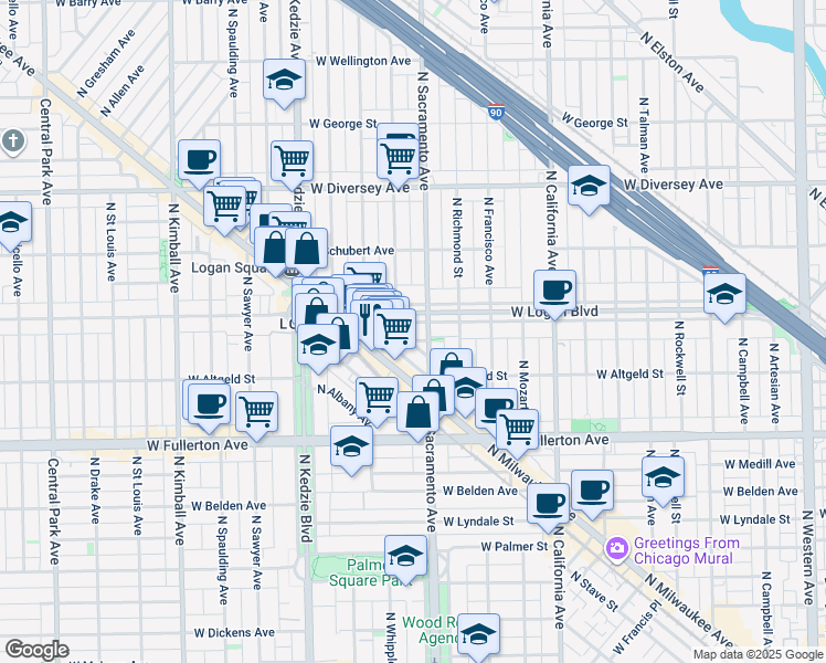 map of restaurants, bars, coffee shops, grocery stores, and more near 3025 West Logan Boulevard in Chicago