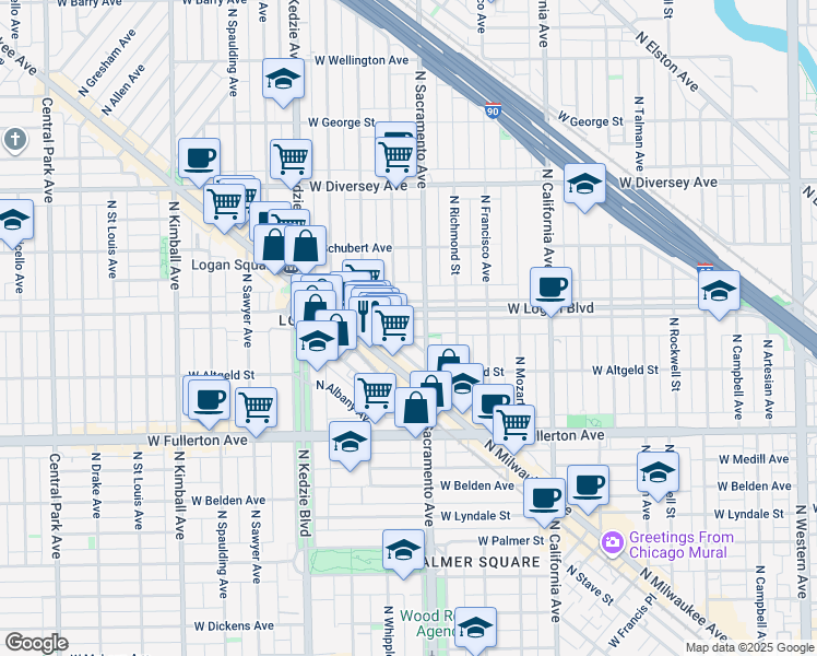 map of restaurants, bars, coffee shops, grocery stores, and more near 3025 West Logan Boulevard in Chicago