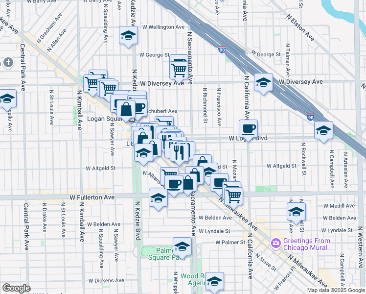 map of restaurants, bars, coffee shops, grocery stores, and more near 3025 West Logan Boulevard in Chicago