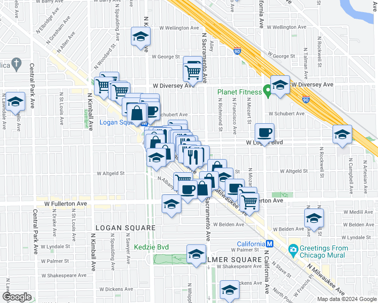 map of restaurants, bars, coffee shops, grocery stores, and more near 3023 West Logan Boulevard in Chicago