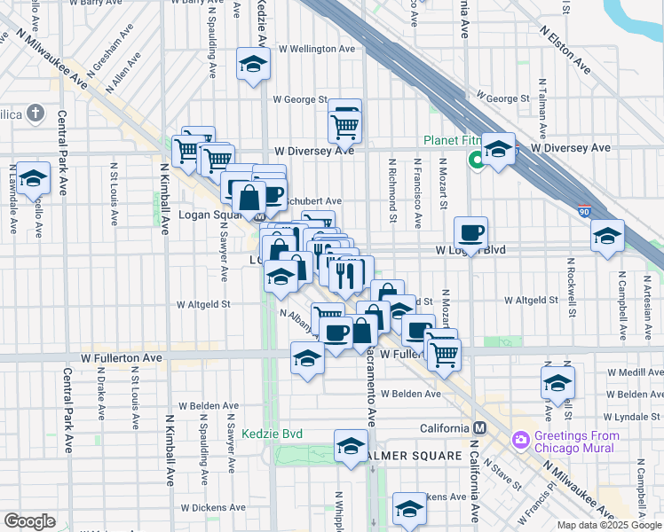 map of restaurants, bars, coffee shops, grocery stores, and more near 3025 West Logan Boulevard in Chicago