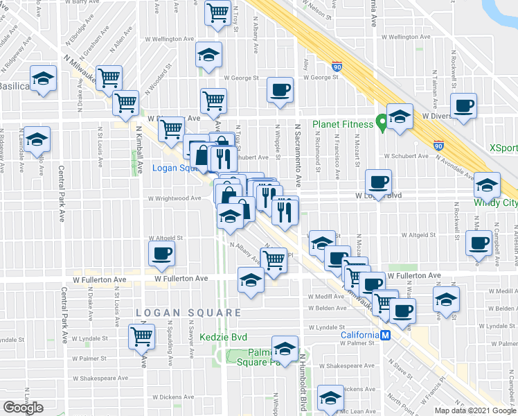 map of restaurants, bars, coffee shops, grocery stores, and more near 3101 West Logan Boulevard in Chicago