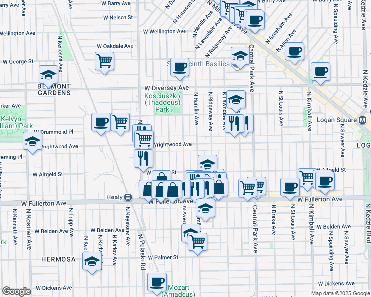 map of restaurants, bars, coffee shops, grocery stores, and more near 3821 West Wrightwood Avenue in Chicago