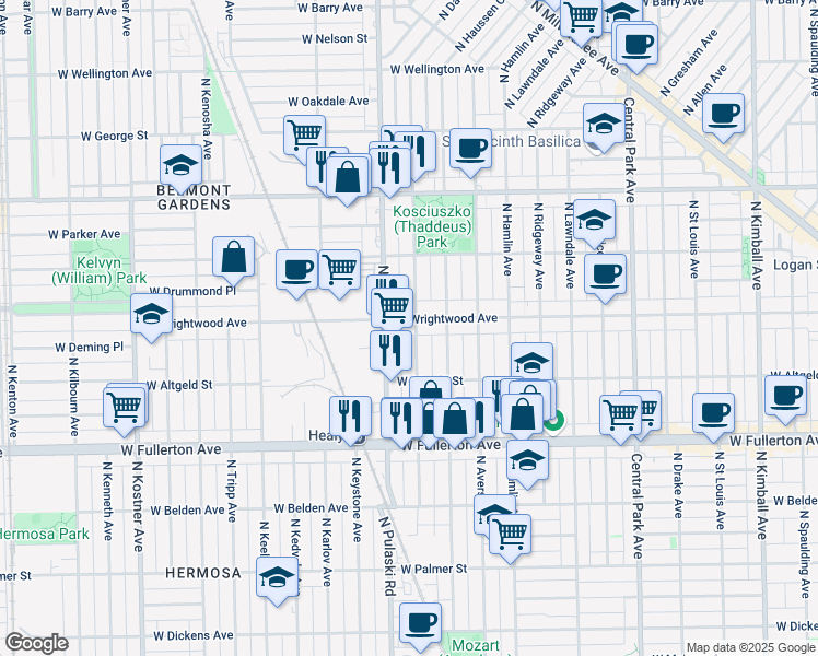 map of restaurants, bars, coffee shops, grocery stores, and more near 3941 West Wrightwood Avenue in Chicago