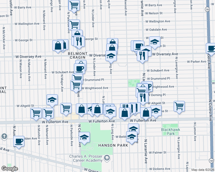 map of restaurants, bars, coffee shops, grocery stores, and more near 5416 West Wrightwood Avenue in Chicago