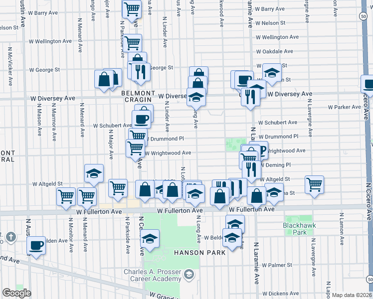 map of restaurants, bars, coffee shops, grocery stores, and more near 5416 West Wrightwood Avenue in Chicago