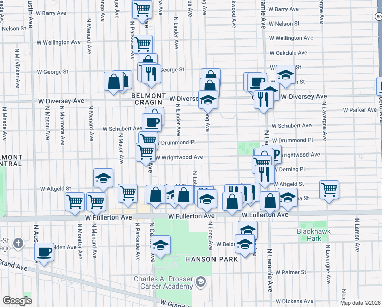 map of restaurants, bars, coffee shops, grocery stores, and more near 5416 West Wrightwood Avenue in Chicago