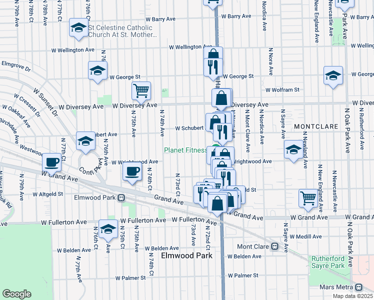 map of restaurants, bars, coffee shops, grocery stores, and more near 2625 73rd Avenue in Elmwood Park