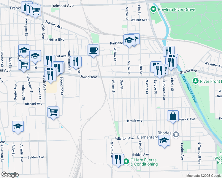 map of restaurants, bars, coffee shops, grocery stores, and more near 2627 Willow Street in Franklin Park