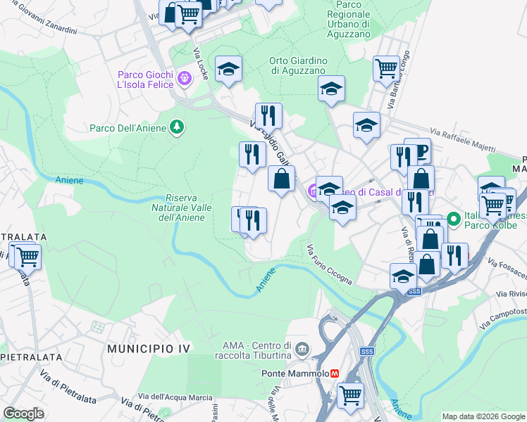 map of restaurants, bars, coffee shops, grocery stores, and more near Via Leonida Rech in Rome