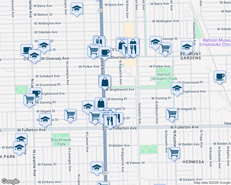 map of restaurants, bars, coffee shops, grocery stores, and more near 4735 West Wrightwood Avenue in Chicago