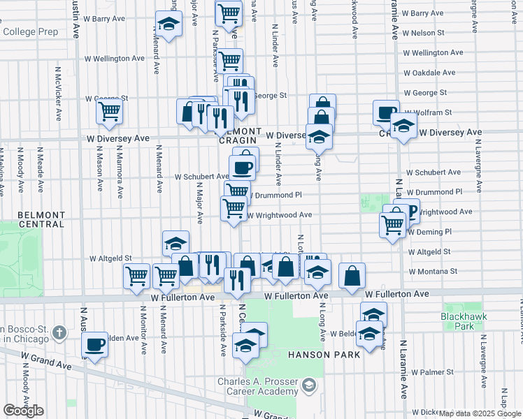 map of restaurants, bars, coffee shops, grocery stores, and more near 5526 West Wrightwood Avenue in Chicago