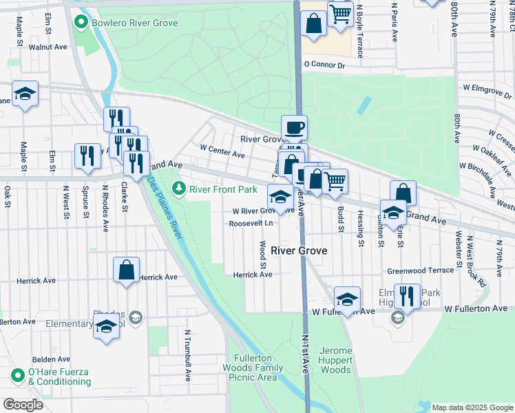 map of restaurants, bars, coffee shops, grocery stores, and more near 8500 River Grove Avenue in River Grove