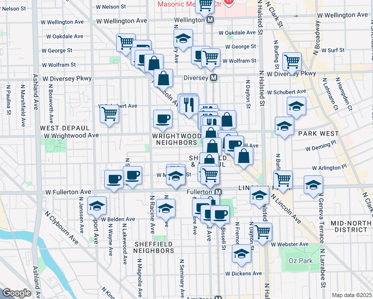 map of restaurants, bars, coffee shops, grocery stores, and more near 1043 West Lill Avenue in Chicago