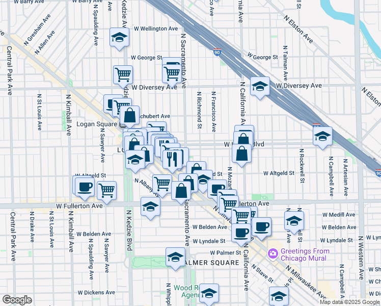 map of restaurants, bars, coffee shops, grocery stores, and more near 2951 West Logan Boulevard in Chicago