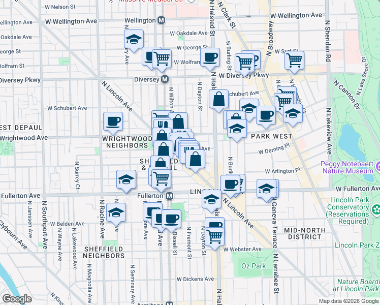 map of restaurants, bars, coffee shops, grocery stores, and more near 855 West Lill Avenue in Chicago