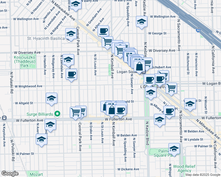 map of restaurants, bars, coffee shops, grocery stores, and more near 2550 North Kimball Avenue in Chicago