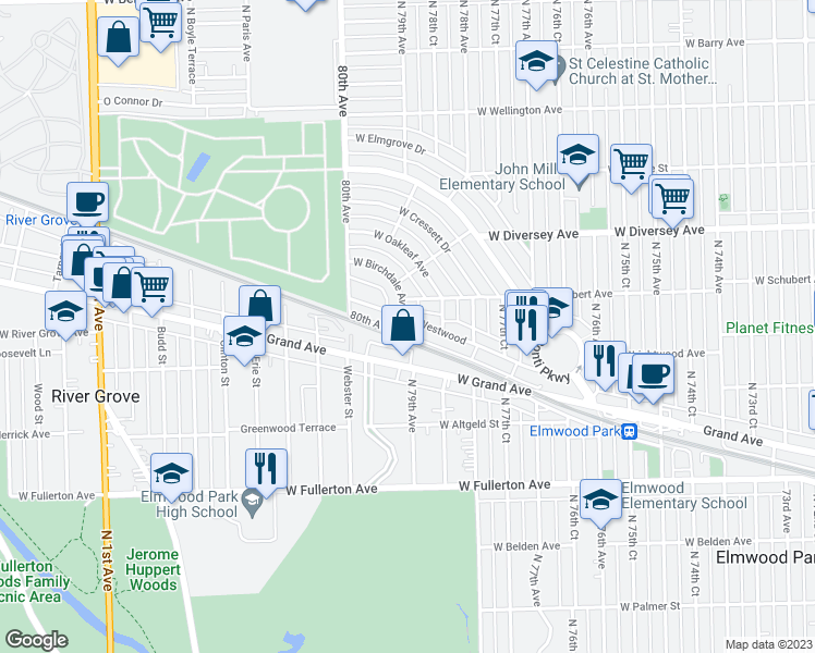 map of restaurants, bars, coffee shops, grocery stores, and more near 7849 Westwood in Elmwood Park