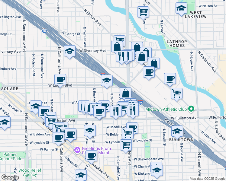 map of restaurants, bars, coffee shops, grocery stores, and more near 2518 North Campbell Avenue in Chicago
