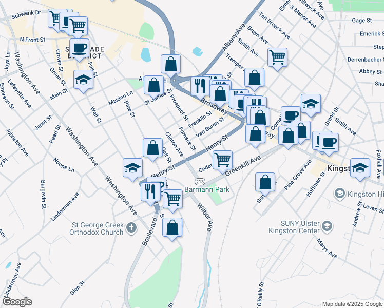 map of restaurants, bars, coffee shops, grocery stores, and more near 117 Henry Street in Kingston