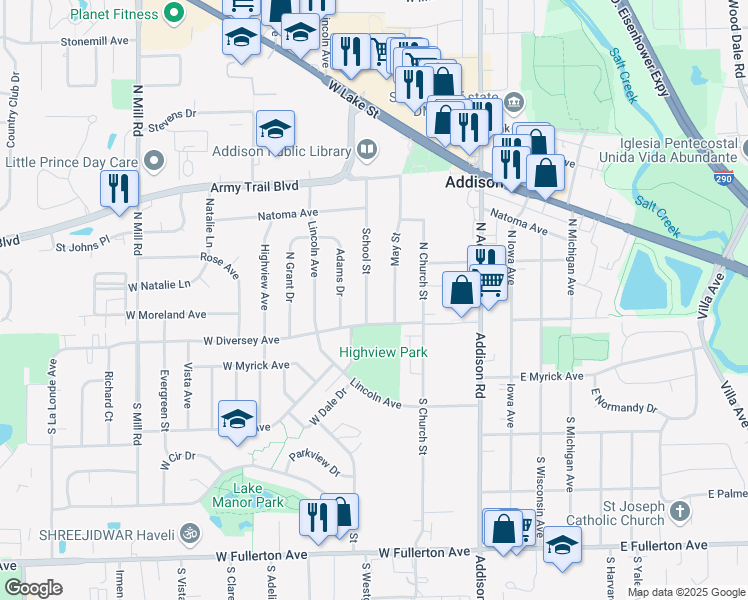map of restaurants, bars, coffee shops, grocery stores, and more near 21 School Street in Addison