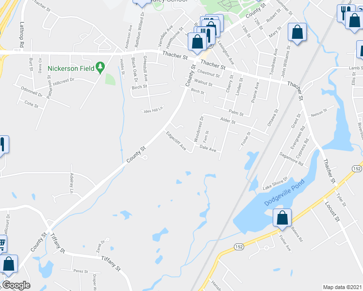 map of restaurants, bars, coffee shops, grocery stores, and more near 52 Edgecliff Avenue in Attleboro