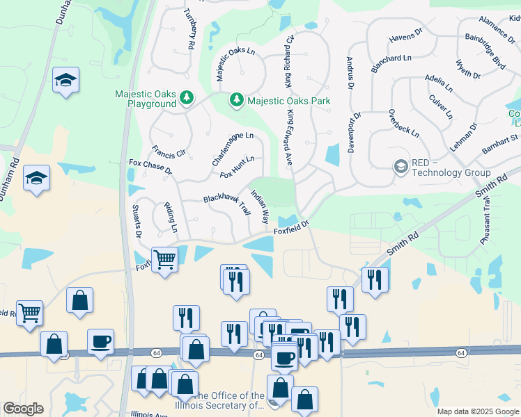map of restaurants, bars, coffee shops, grocery stores, and more near 717 Indian Way in St. Charles