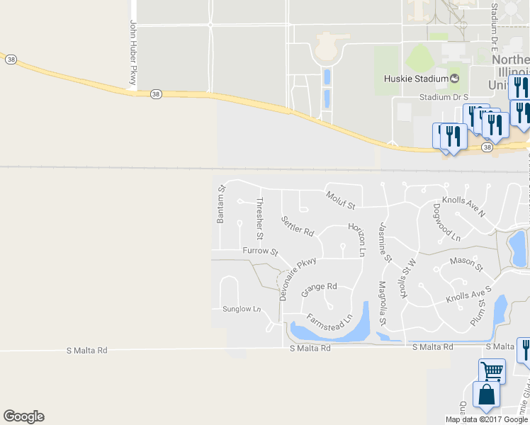 map of restaurants, bars, coffee shops, grocery stores, and more near 348 Thresher Street in DeKalb