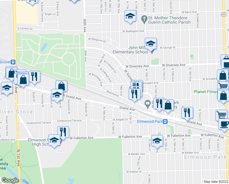 map of restaurants, bars, coffee shops, grocery stores, and more near 7822 Westwood in Chicago