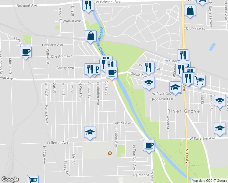 map of restaurants, bars, coffee shops, grocery stores, and more near 2632 River Road in River Grove