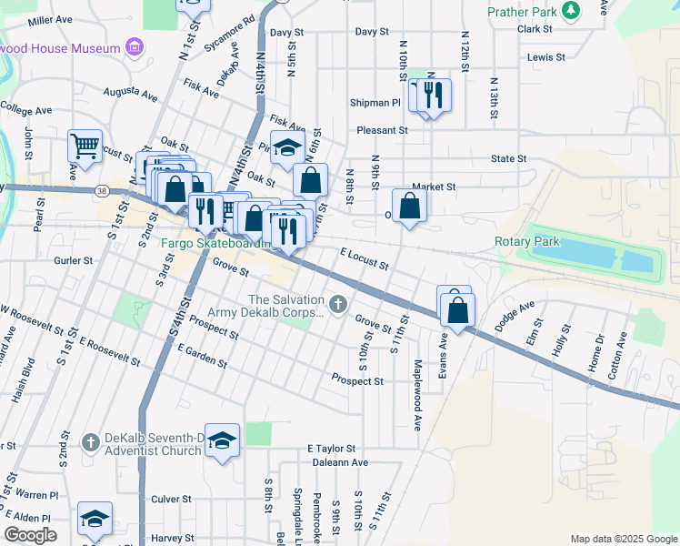 map of restaurants, bars, coffee shops, grocery stores, and more near 807 Lincoln Highway in DeKalb