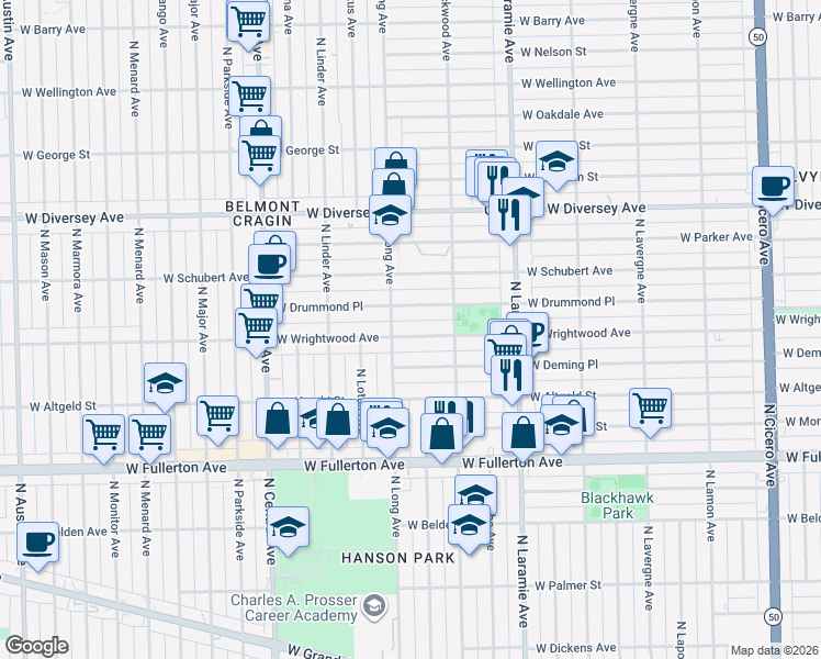 map of restaurants, bars, coffee shops, grocery stores, and more near 5342 West Wrightwood Avenue in Chicago