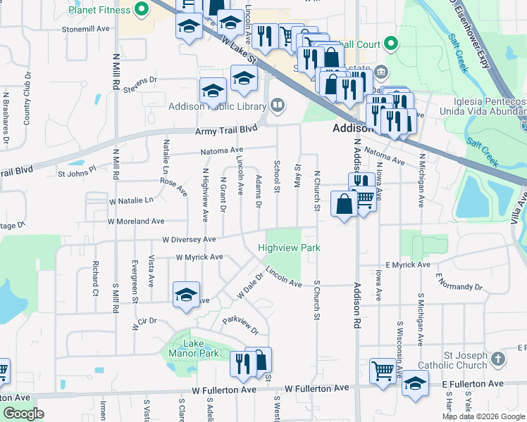 map of restaurants, bars, coffee shops, grocery stores, and more near 21 Adams Drive in Addison
