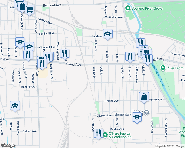 map of restaurants, bars, coffee shops, grocery stores, and more near 2627 Willow Street in Franklin Park